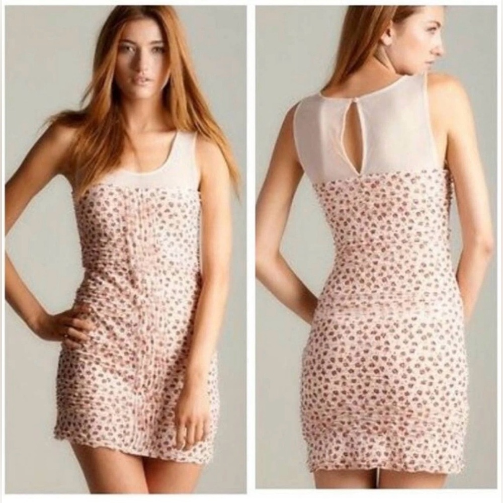 Free People Mini‎ Dress Blush Combo Bitsy Ditsy Shimmy Mesh Bodycon Women’s Med